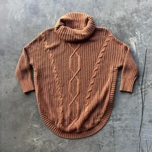 Express Sweater Women's M Brown Turtleneck Fisherman Chunky 3/4 Sleeve Pullover